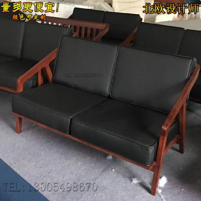 實(shí)物北歐設(shè)計(jì)師實(shí)木真皮沙發(fā) 酒店會(huì)所休閑雙人位沙發(fā) 家用公司樣品房
