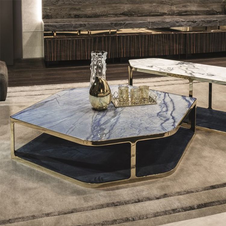 意大利Longhi 茶幾系列 五金實木大理石不銹鋼多邊形三角異形大理石茶幾酒店KTV會所 Hexagonal Low coffee table