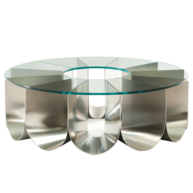 IRIDE 不銹鋼電鍍分格圓形弧 香檳金色 鋼化玻璃 大理石 實(shí)木餐桌 茶幾圓桌 室內(nèi)外家具