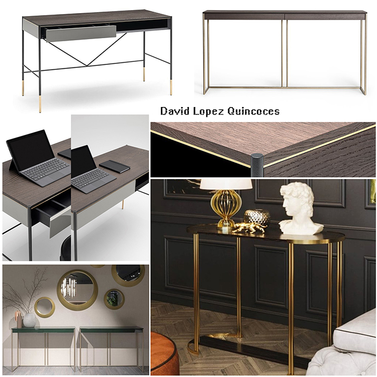 3款新中Lema式復(fù)古輕奢風(fēng)David Lopez Quincoces書桌辦公桌子不銹鋼實木鍍金精致優(yōu)雅極簡高端